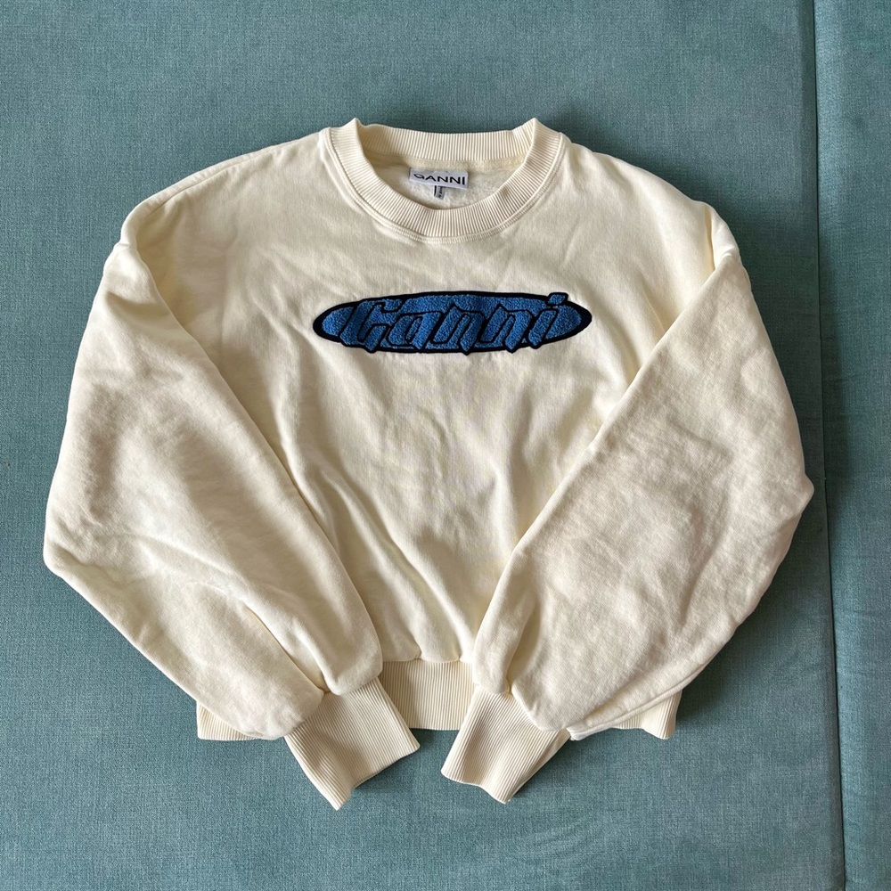Ganni Cream Sweater with Blue Logo